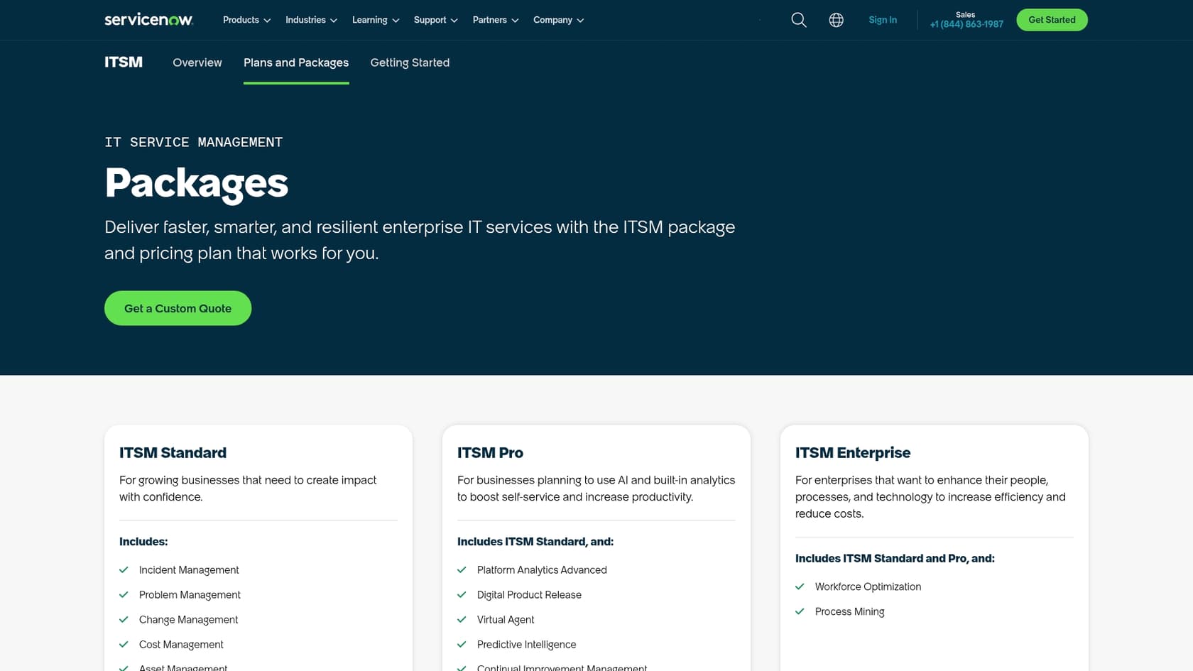 A screenshot of the ServiceNow ITSM pricing page, showing the custom quote model.