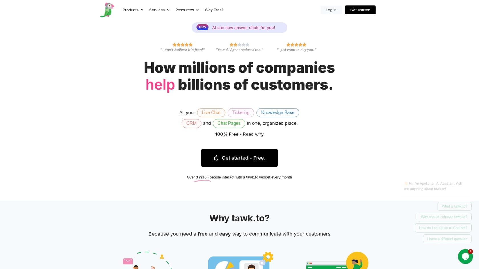 A screenshot of the tawk.to landing page, relevant to the AI live chat blog.::The tawk.to landing page is shown to provide a visual for its AI live chat platform.