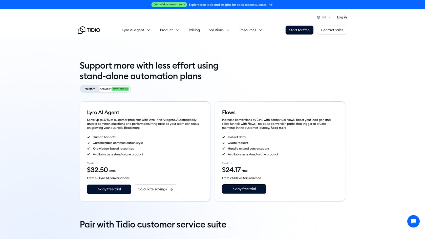 A screenshot of the Tidio pricing page, which is relevant to this Tidio review.