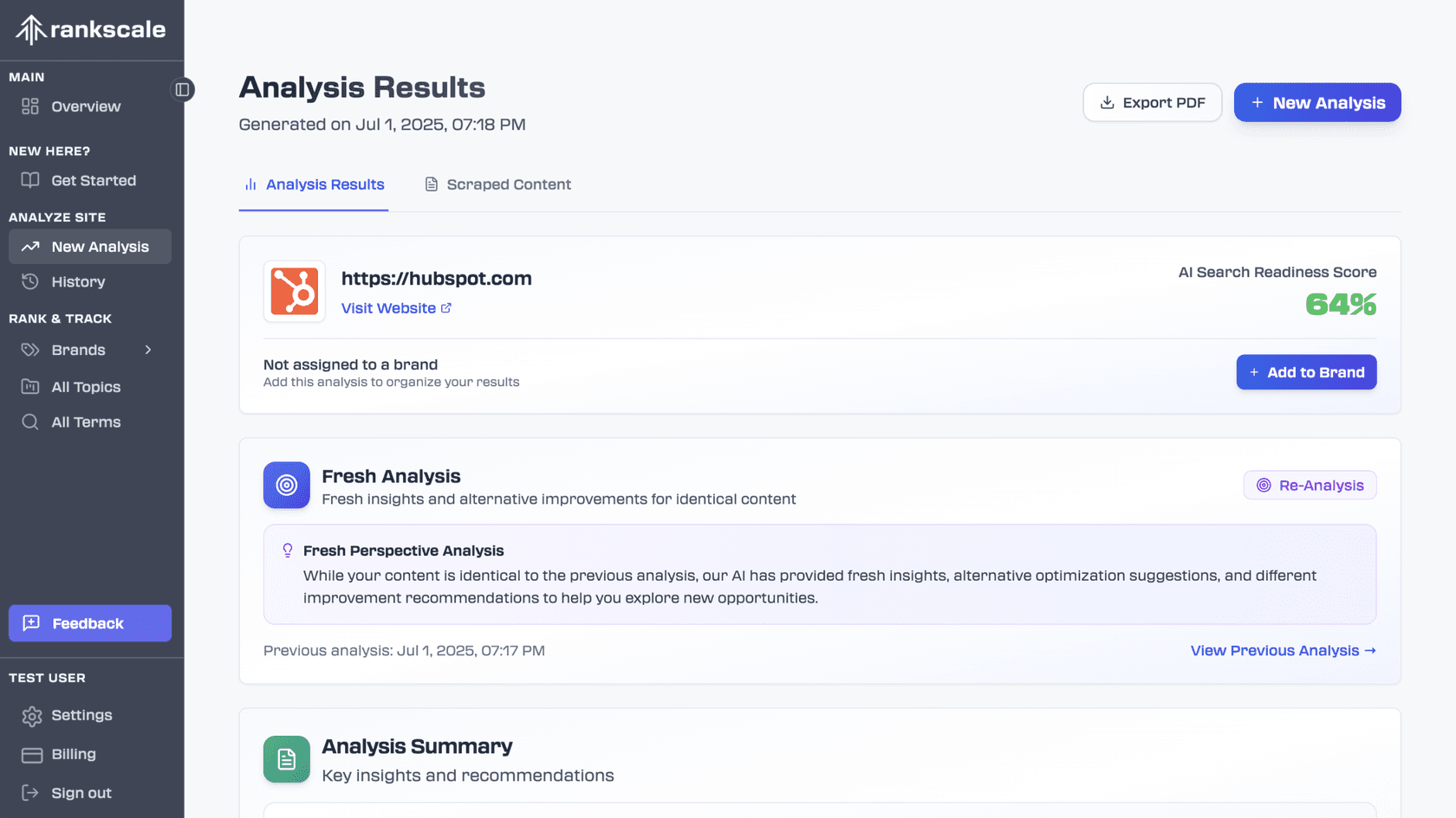 A screenshot of the Rankscale.ai dashboard interface