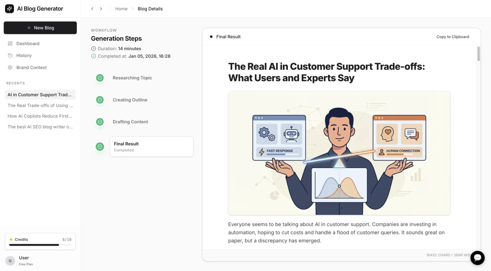 A view of the eesel AI blog writer, a tool designed to fully automate content creation with AI by generating complete articles with assets.