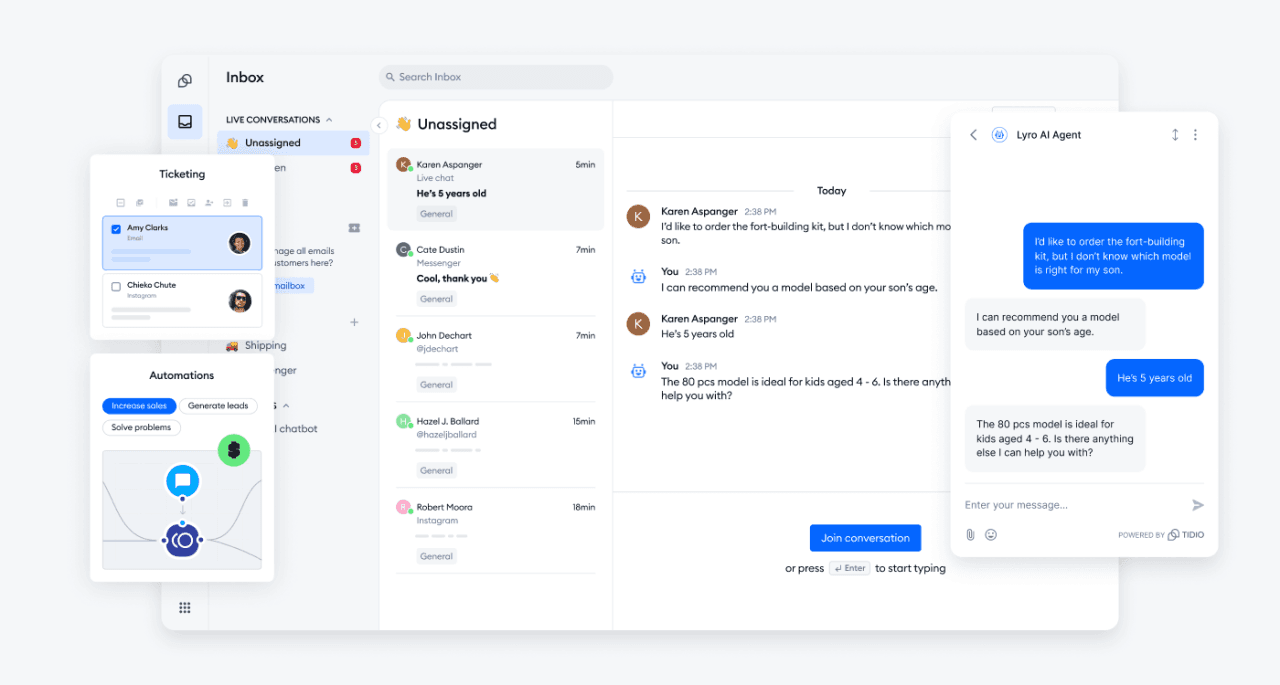 A screenshot of the Tidio platform showing the Lyro AI agent interface for automated customer conversations.