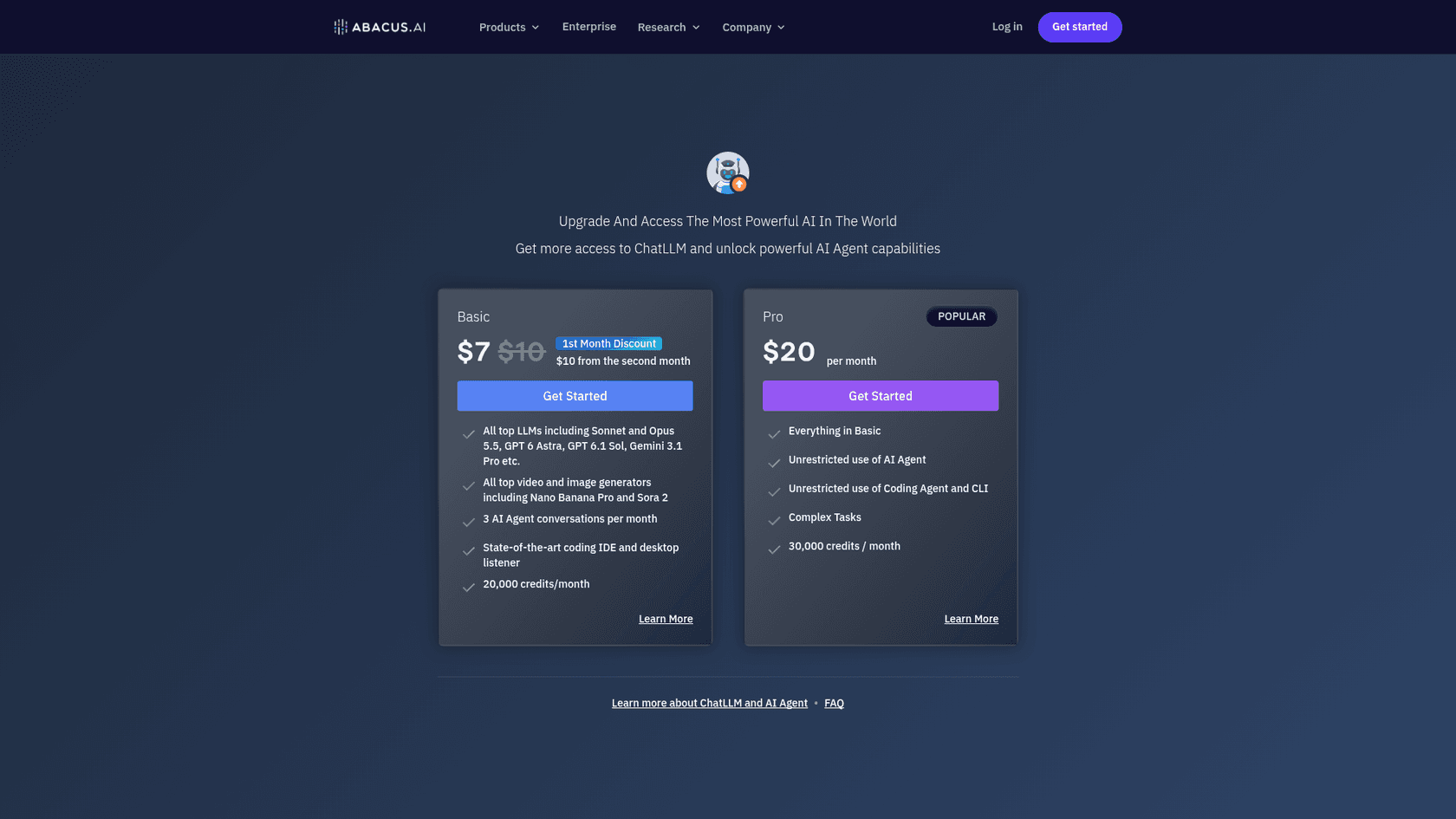 Abacus AI pricing page showing the Basic plan at $7 then $10 with 20,000 credits and the Pro plan at $20 with 30,000 credits, as taken from Abacus AI