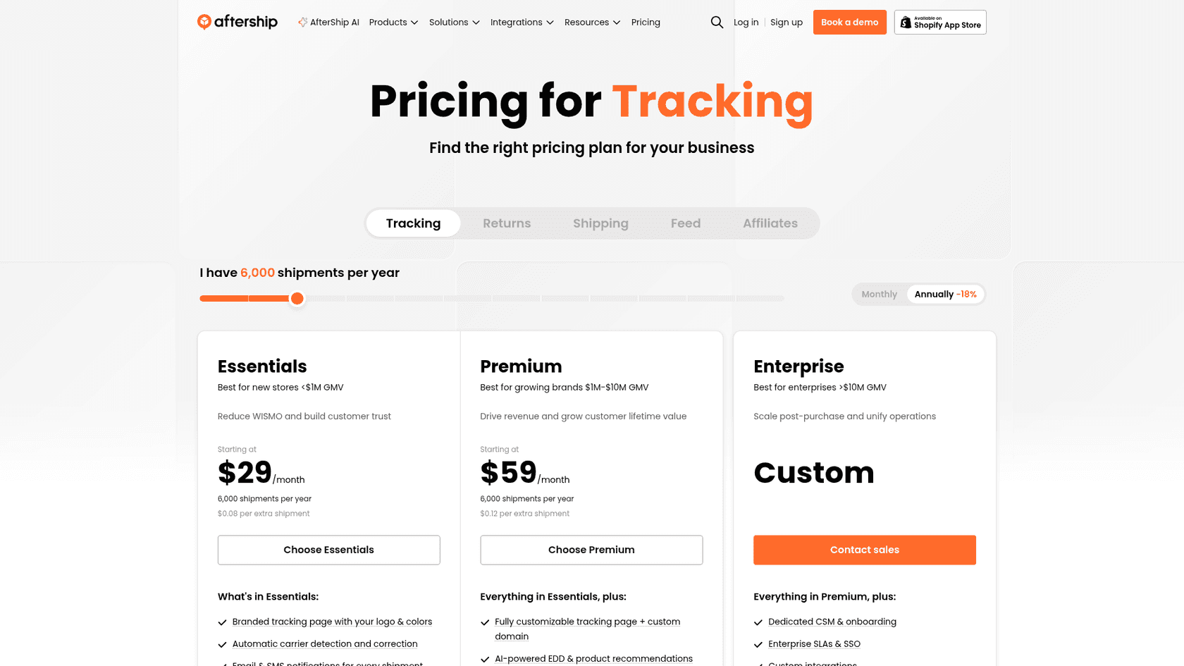 AfterShip tracking pricing page with Essentials, Premium and Enterprise plans, from AfterShip
