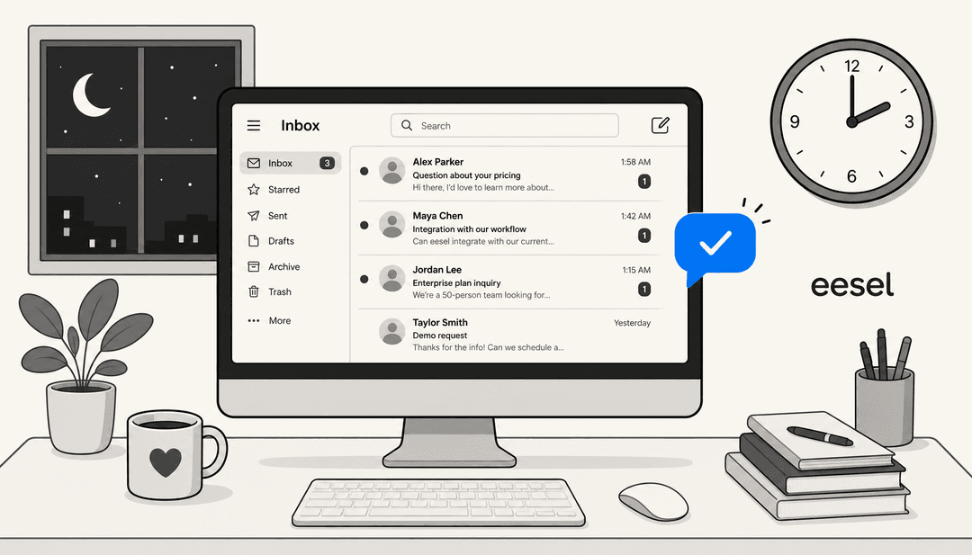 A desktop monitor at 2 AM showing a support inbox with a blue automated reply being sent