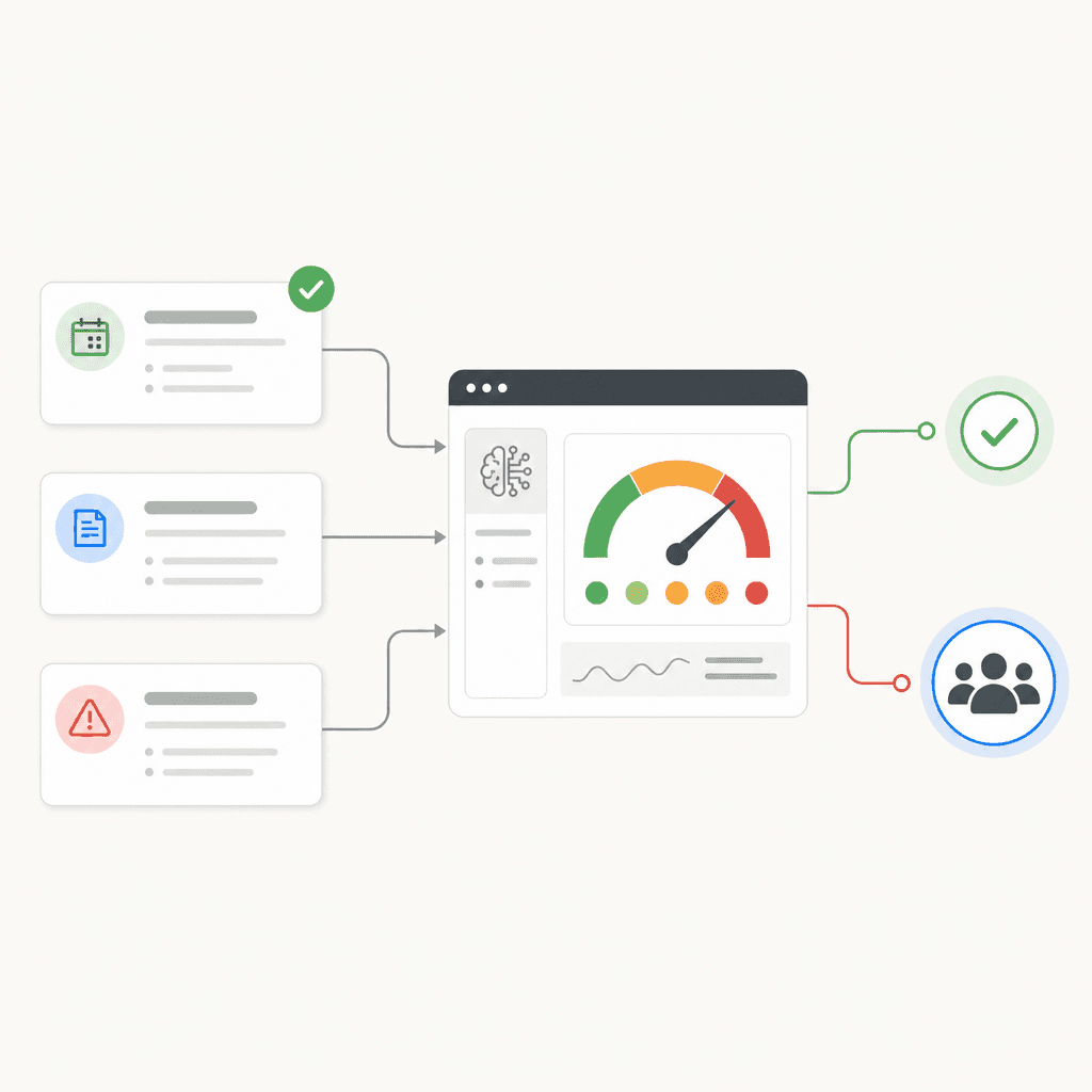 AI risk scoring diagram showing change requests routing through an AI engine to auto-approve or escalate based on risk score