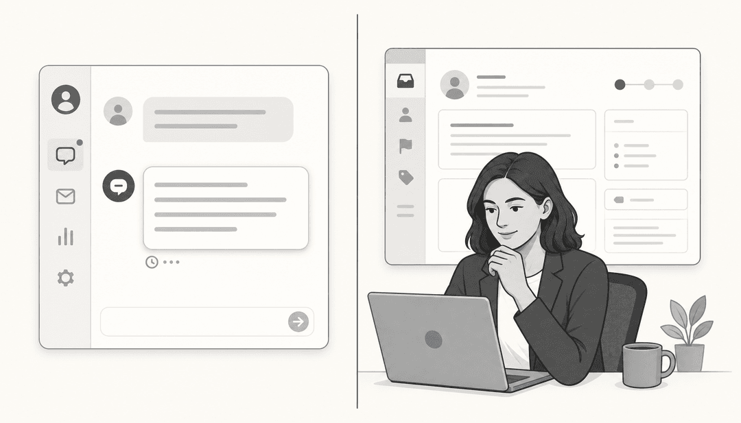 Editorial illustration showing an AI chat interface panel beside a human support agent at a desk, divided by a clean vertical line