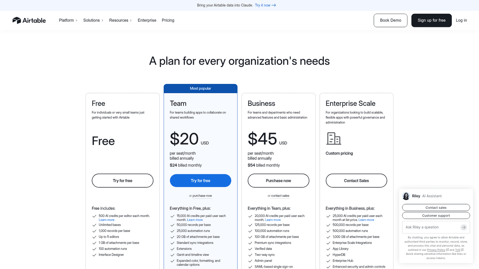 Airtable pricing page showing Team at $20 and Business at $45 per seat per month billed annually, as taken from Airtable