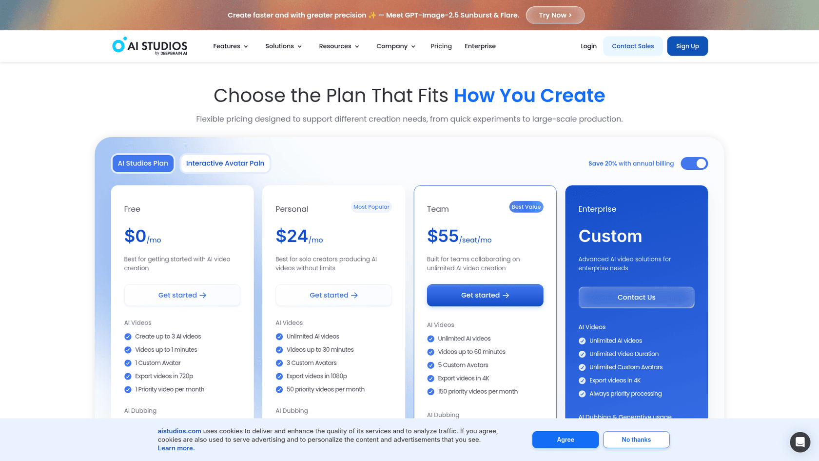 DeepBrain AI Studios pricing page with the Free, Personal, Team and Enterprise plans, as taken from AI Studios