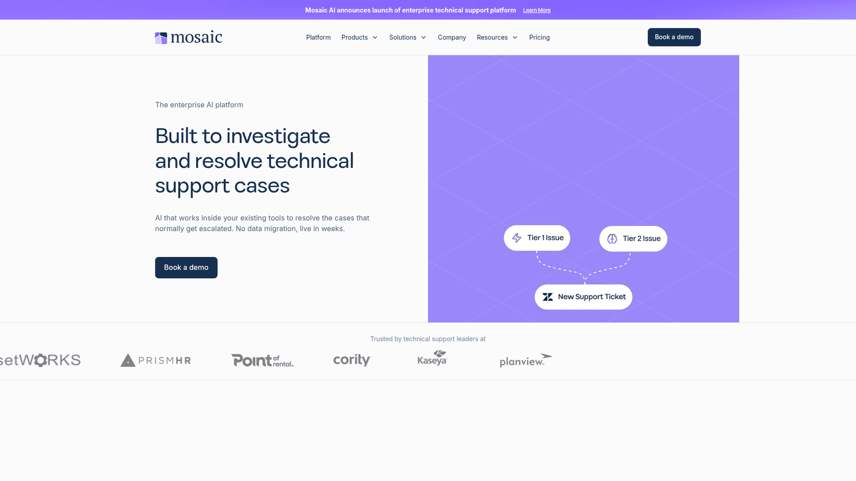 Mosaic AI's homepage, headlined around resolving technical support cases, as taken from Mosaic AI