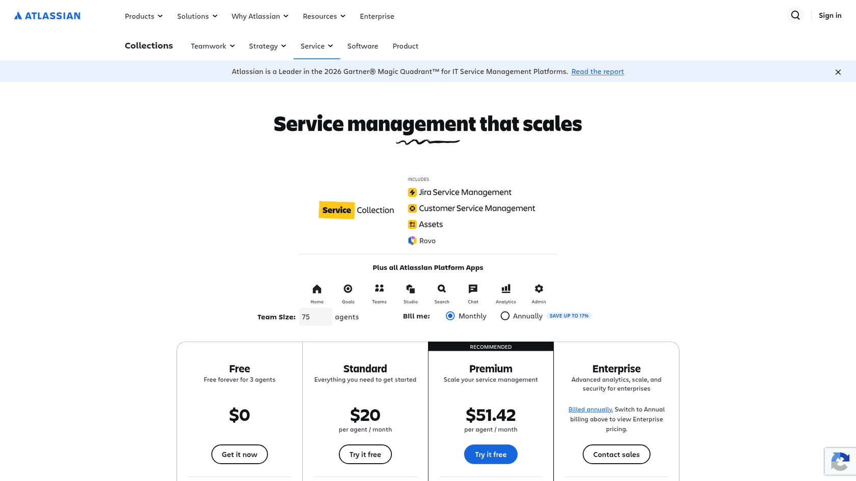 Atlassian's Service Collection pricing page showing the Free, Standard, Premium and Enterprise plans, as taken from the Atlassian site.