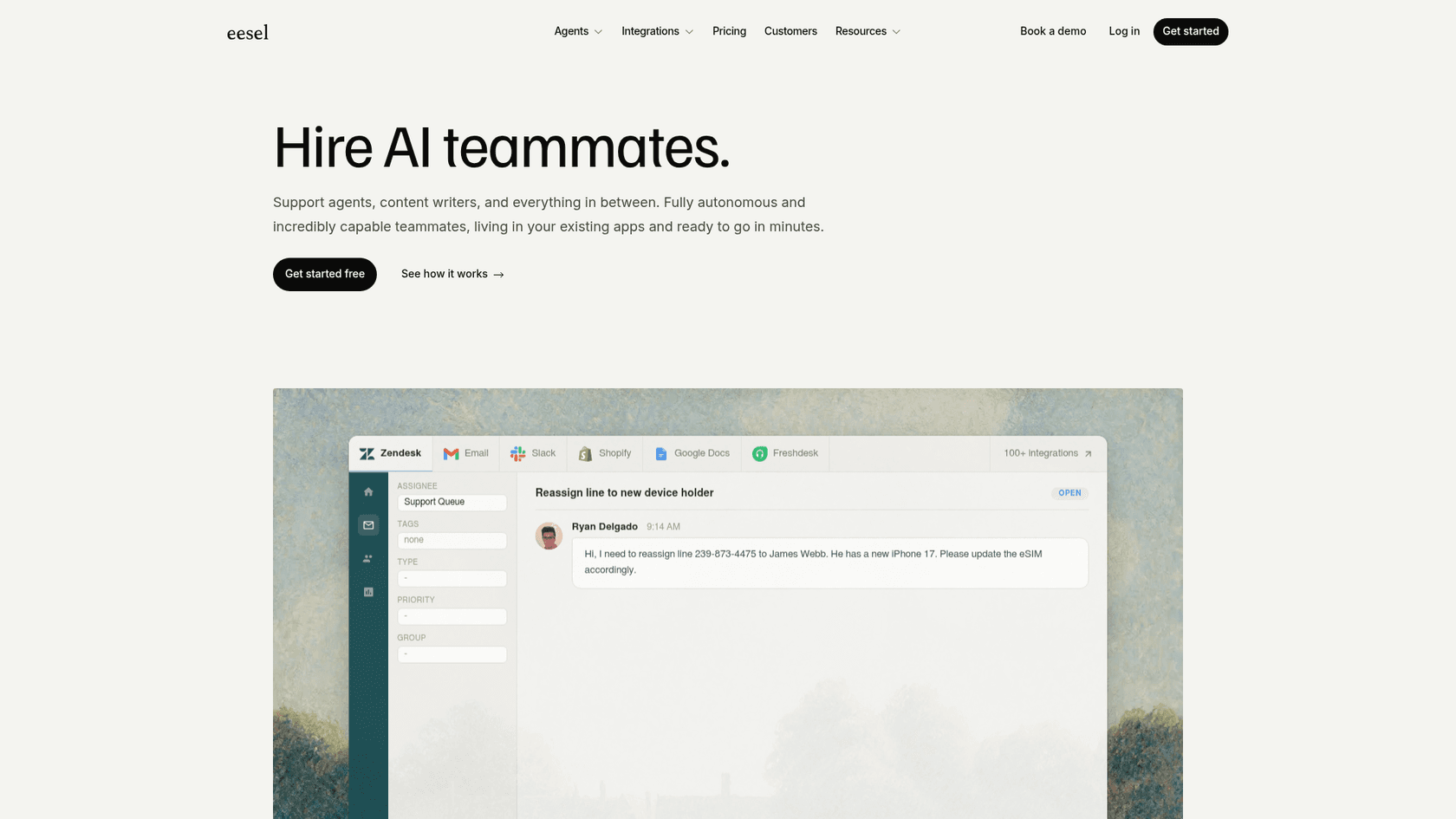 eesel AI homepage -- AI teammates for customer and IT support teams