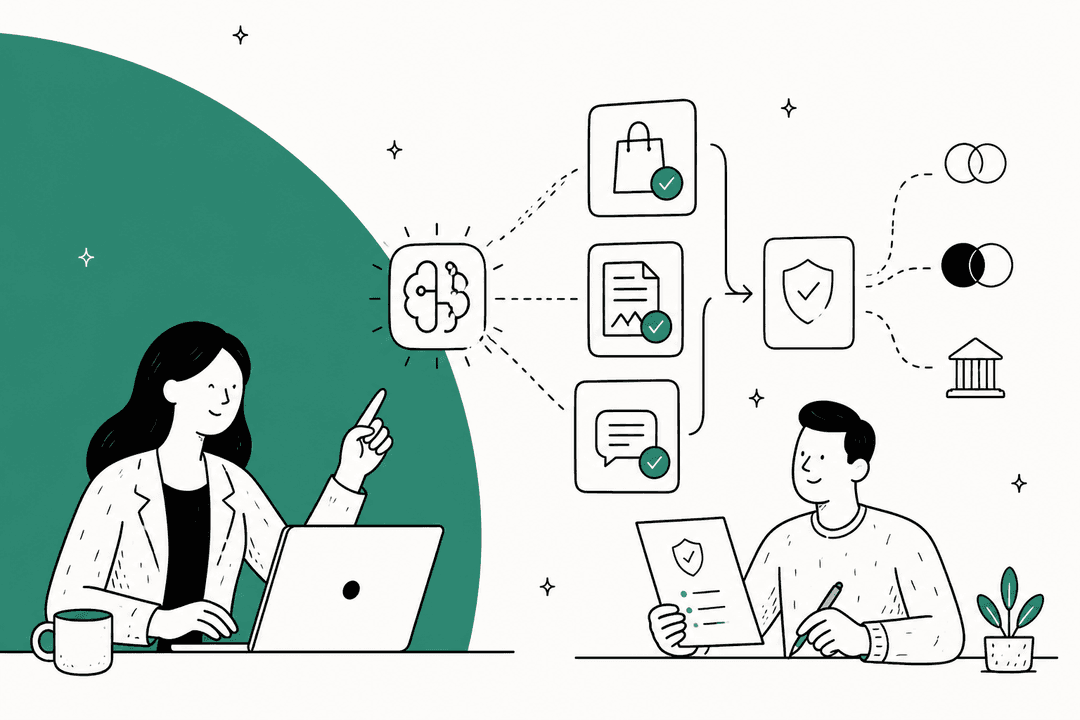 Hand-drawn illustration of a support person and an AI assembling order, document and chat evidence into a dispute response for a bank