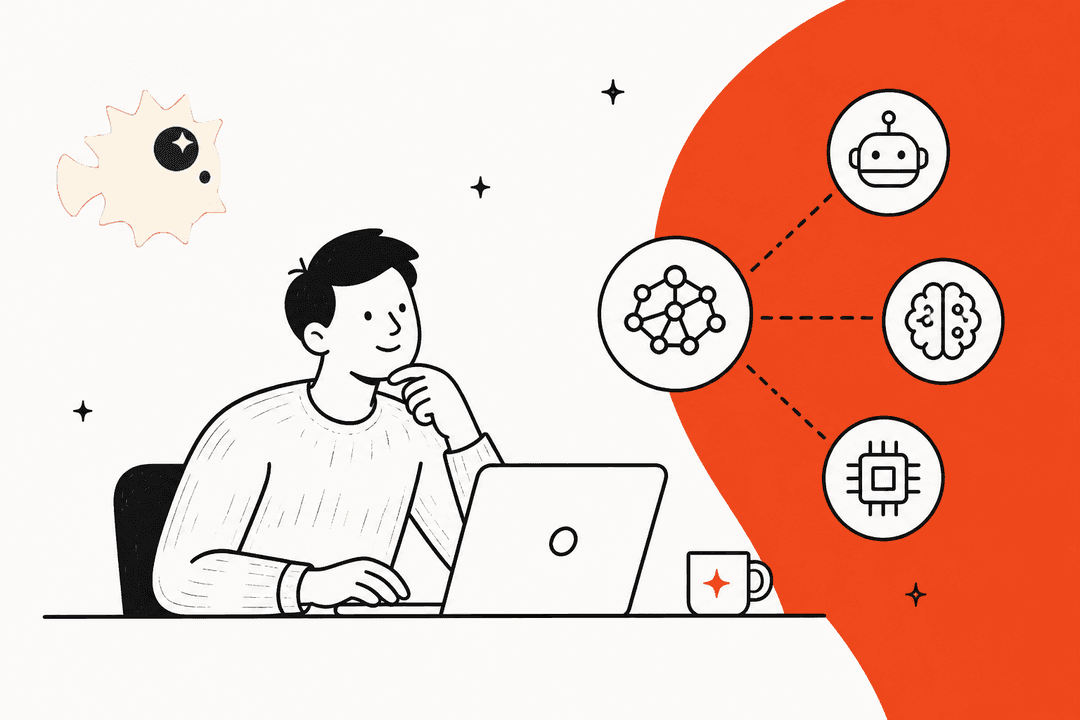AI Puffer alternatives hero banner with the AI Puffer pufferfish logo, a person thinking at a laptop, and an orange shape holding a network icon linked to a bot, a brain and a chip