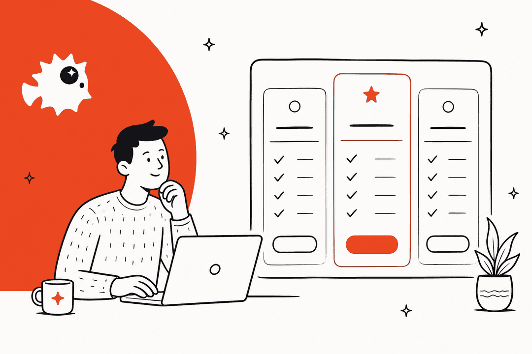 AI Puffer pricing hero banner with the AI Puffer pufferfish logo on an orange circle, a person at a laptop thinking, and a three-column pricing card with the middle plan highlighted