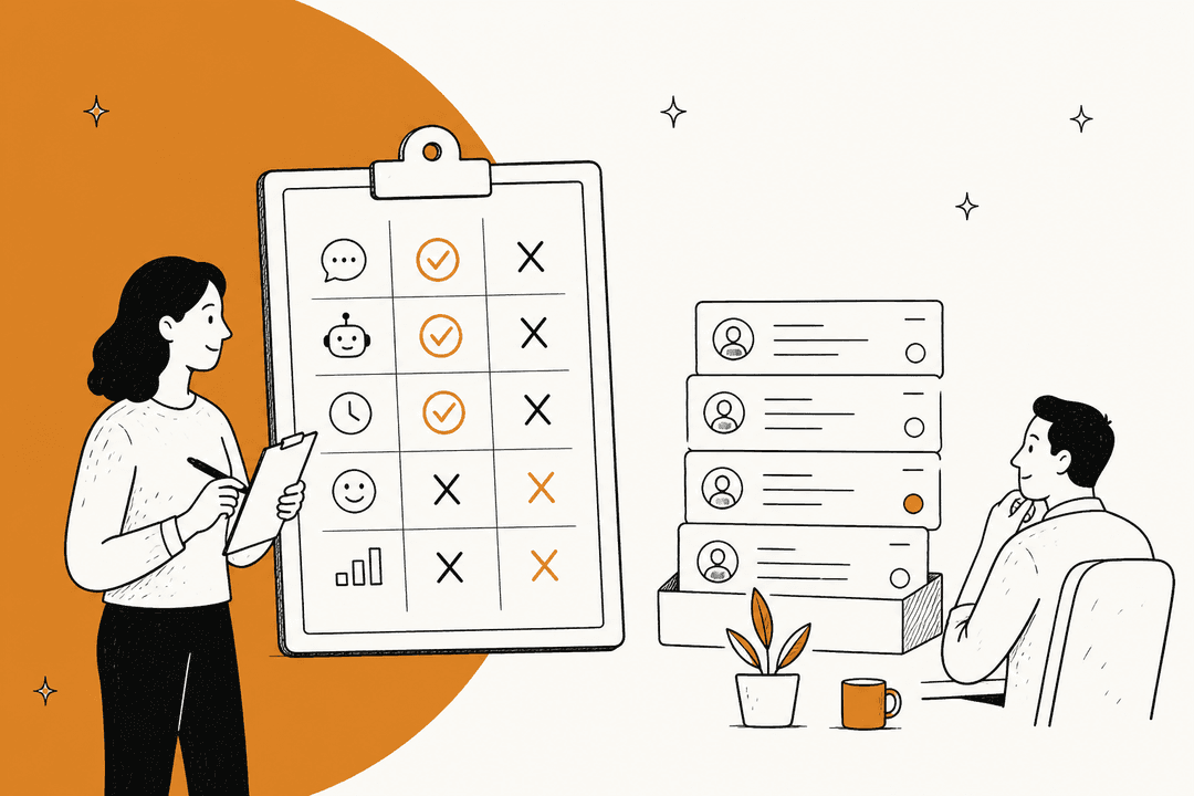 Hand-drawn illustration of a support lead marking a pilot scorecard with checks and crosses while a colleague reviews a stack of tickets, on a warm amber background