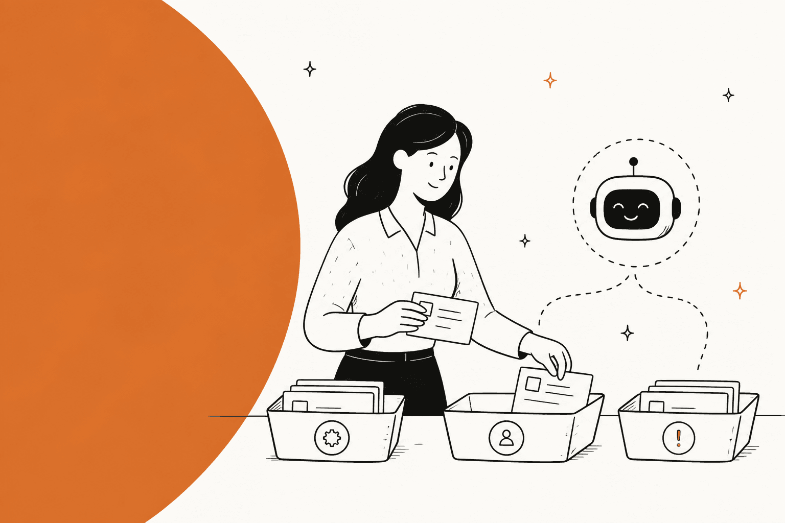 Illustration of a support agent sorting ticket cards into labeled trays with a small AI assistant