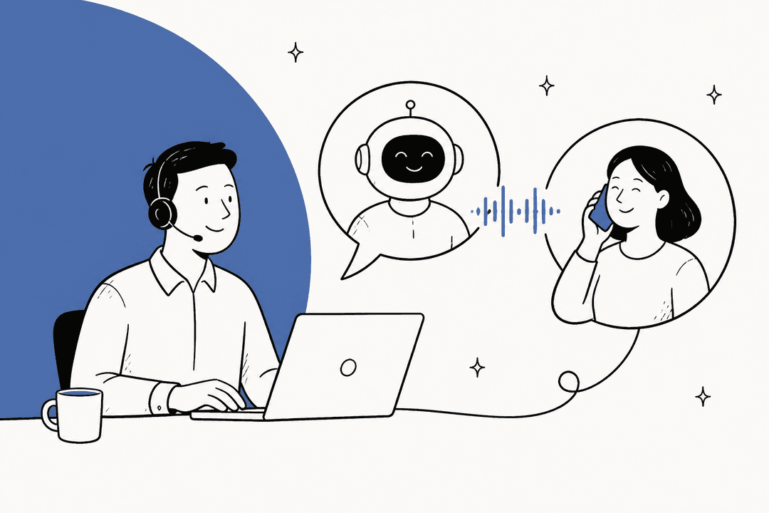 Illustration of a support agent at a laptop beside an AI voice agent on a phone call