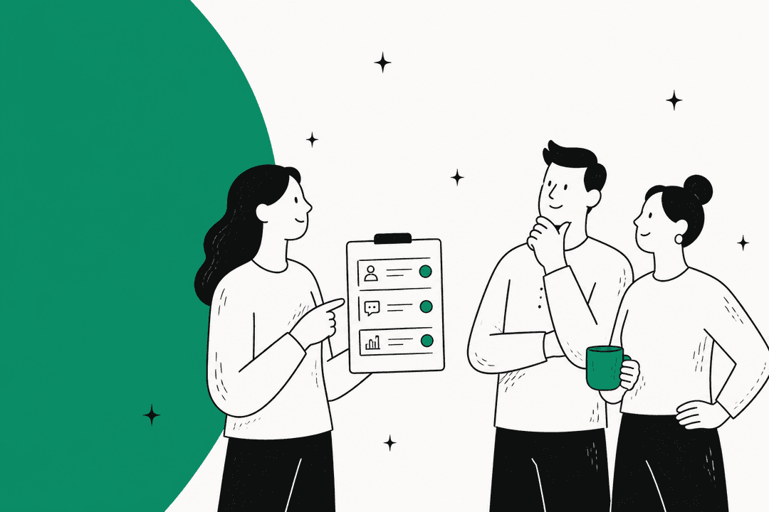 Hand-drawn illustration of three colleagues reviewing a pricing checklist next to a large green half circle