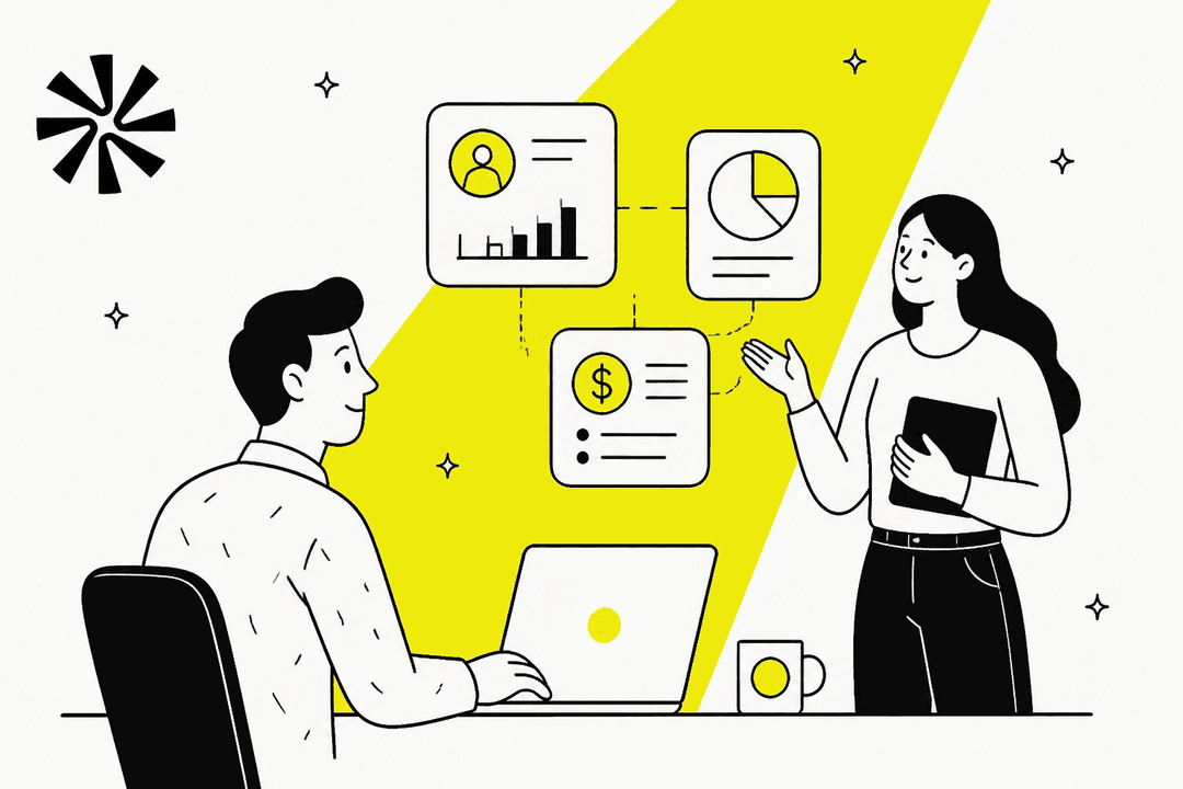Hand-drawn illustration of two sales reps reviewing Apollo pricing dashboards beside the Apollo logo
