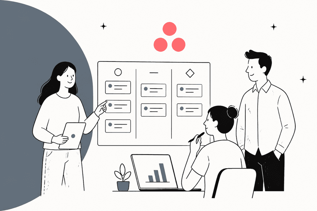 Hand-drawn illustration of a team reviewing an Asana task board beside the Asana logo