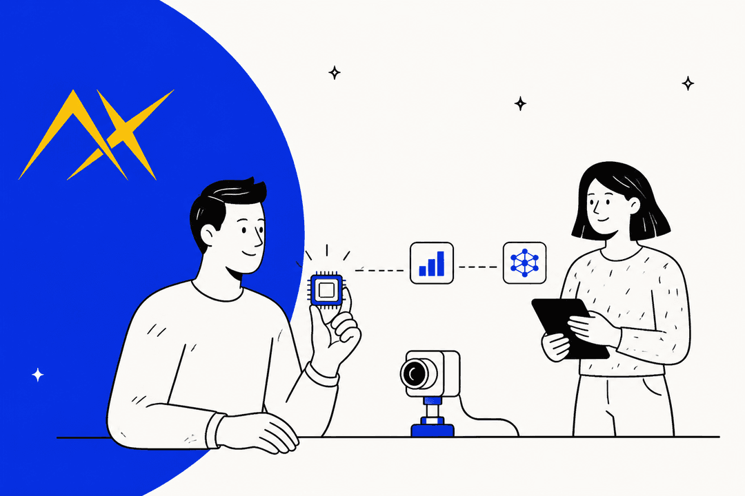 Illustrated hero banner for a guide to Axelera AI pricing, with a person holding an AI accelerator chip beside an edge camera
