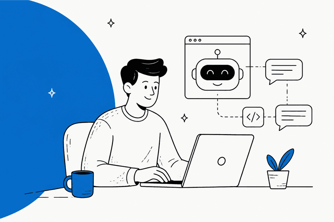Illustration of a developer at a laptop building a chatbot with Azure Bot Service