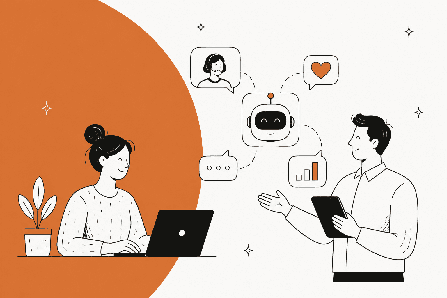 Illustration of a support agent at a laptop and a manager with a tablet beside an AI assistant, with an amber half circle on the left