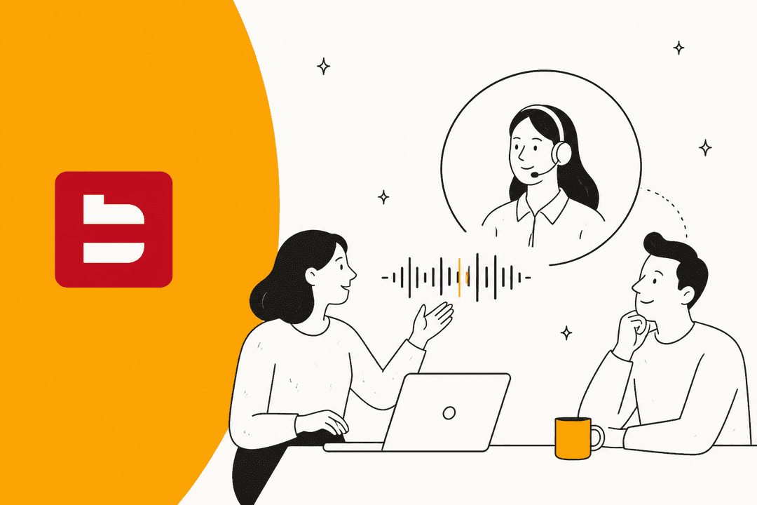 Hand-drawn illustration of two people at a table talking with an AI phone agent wearing a headset, next to the Bland logo on an amber shape