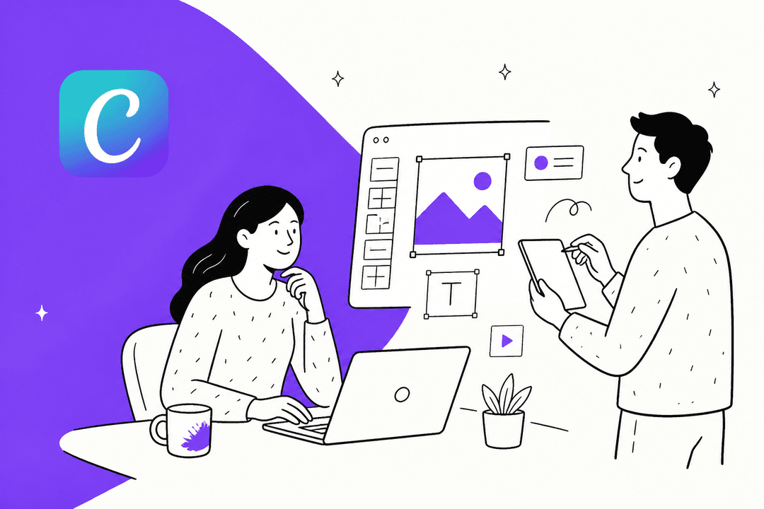 Hand-drawn illustration of two marketers working on a design canvas with an image frame and text box, next to the Canva logo