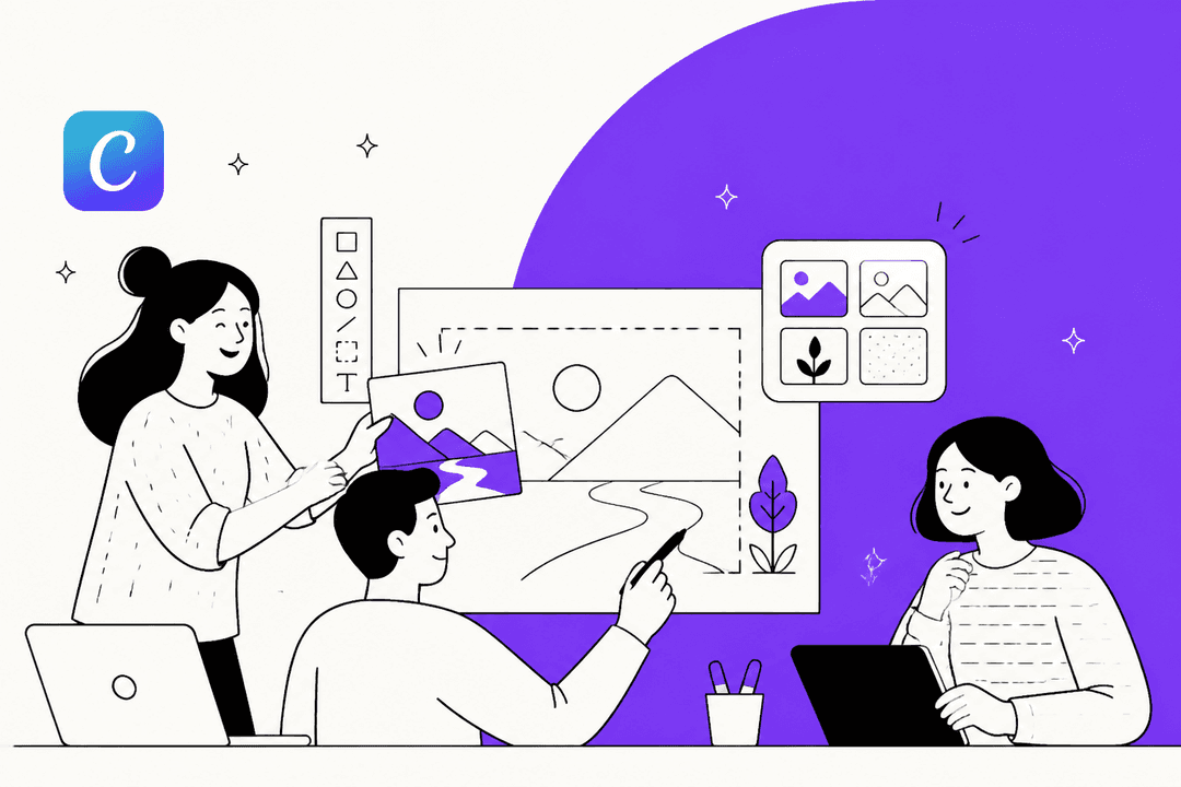 Hand-drawn illustration of three people building a landscape design on a large canvas with Canva layout tools