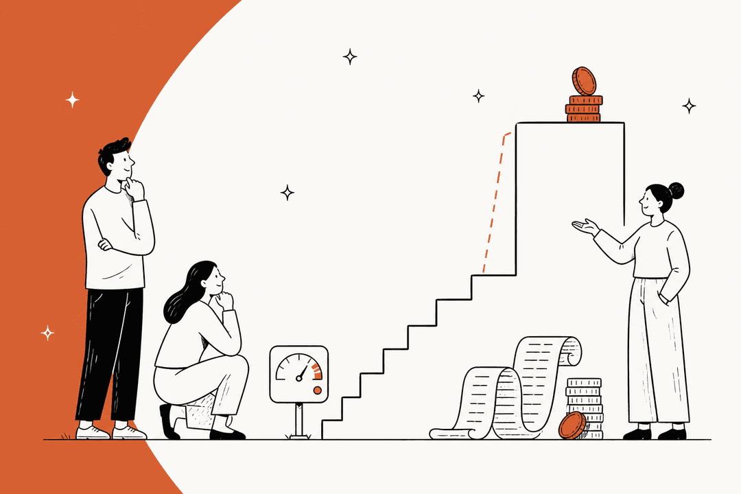 Hand-drawn illustration of three people looking at a staircase whose last step jumps sharply upward, with a cost gauge, receipts and coins, for Claude Haiku 5.5 pricing