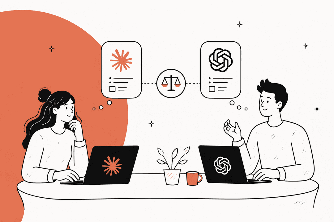 Illustration of two colleagues at laptops comparing Claude and ChatGPT in 2026