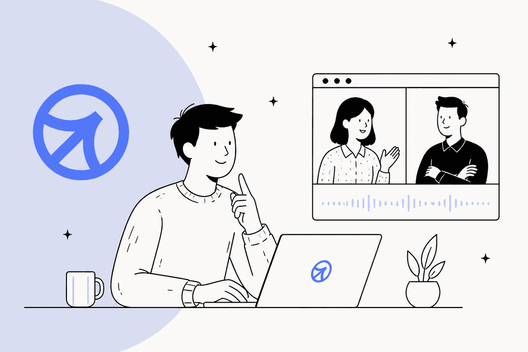 Hand-drawn illustration of a person at a laptop beside a video call window, with the Cluely logo on the laptop