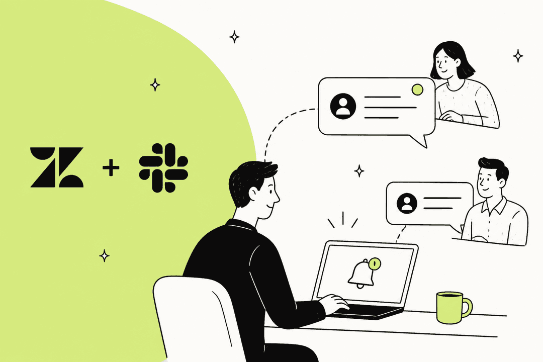 Illustration of a support agent at a laptop receiving Zendesk ticket alerts from Slack, next to the Zendesk and Slack logos