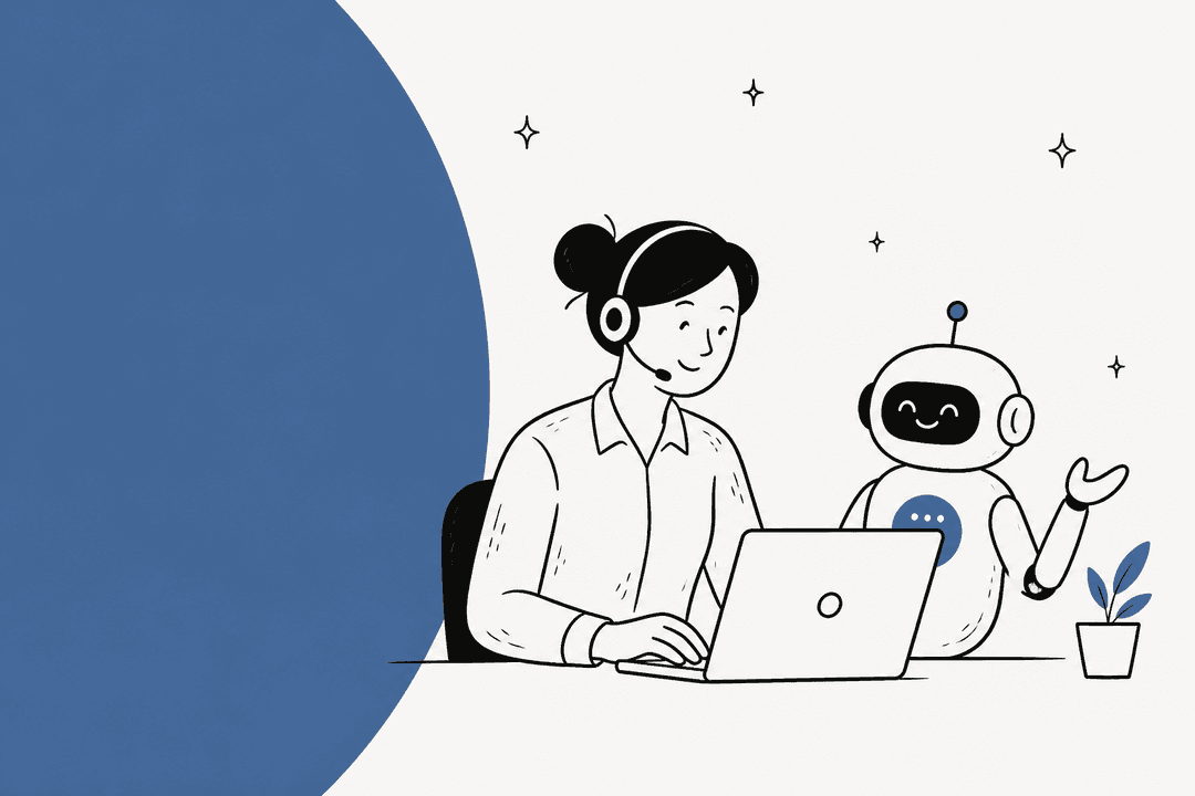 A support agent at a laptop next to a friendly chatbot assistant