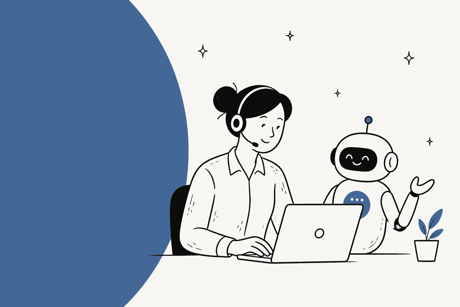 A support agent at a laptop next to a friendly chatbot assistant