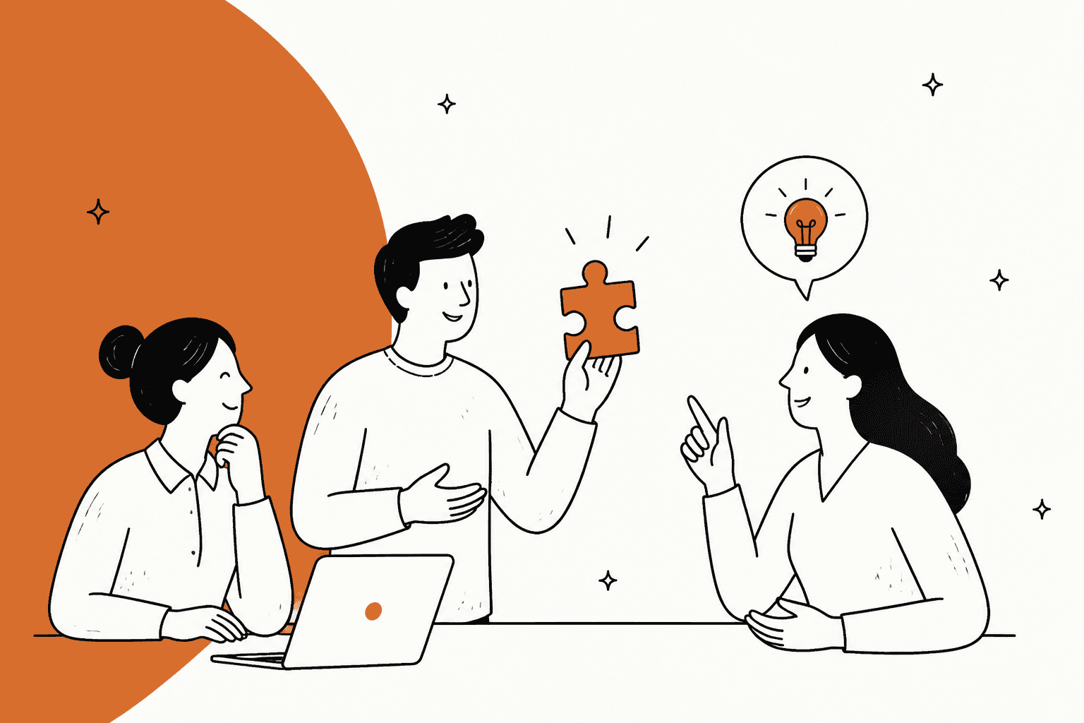 Three support teammates working through a customer problem with a puzzle piece