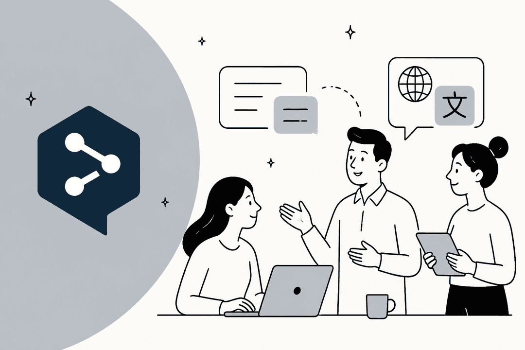 Three colleagues discussing translations next to the DeepL logo