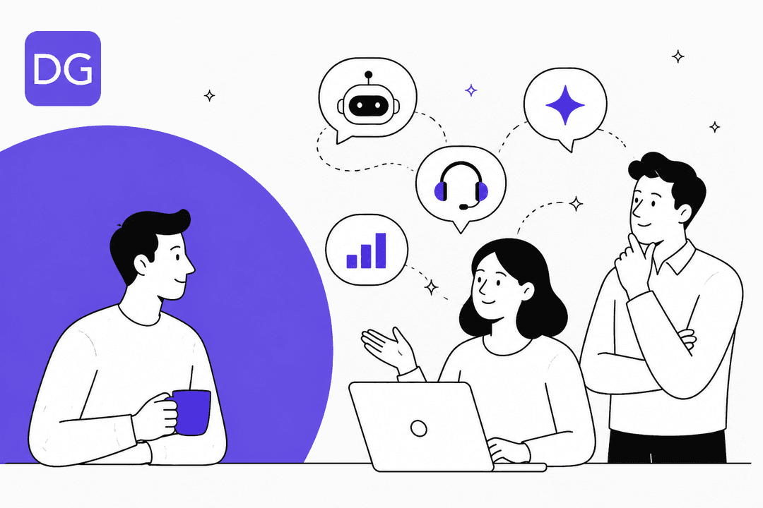 Hand-drawn illustration of three people talking through AI support options next to a purple DigitalGenius badge