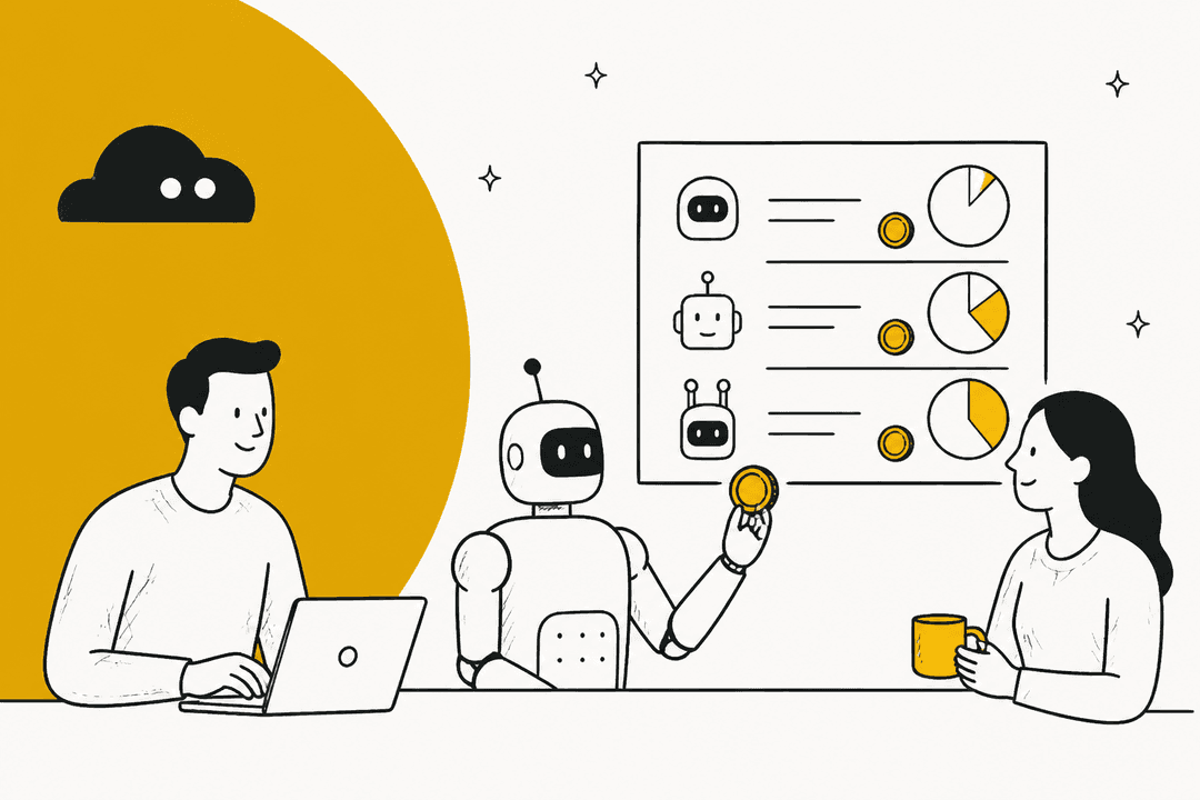 Illustration of two people and a robot reviewing a board of robot models with coin and pie-chart cost markers, for a post on Dream Labs Dream-1 pricing