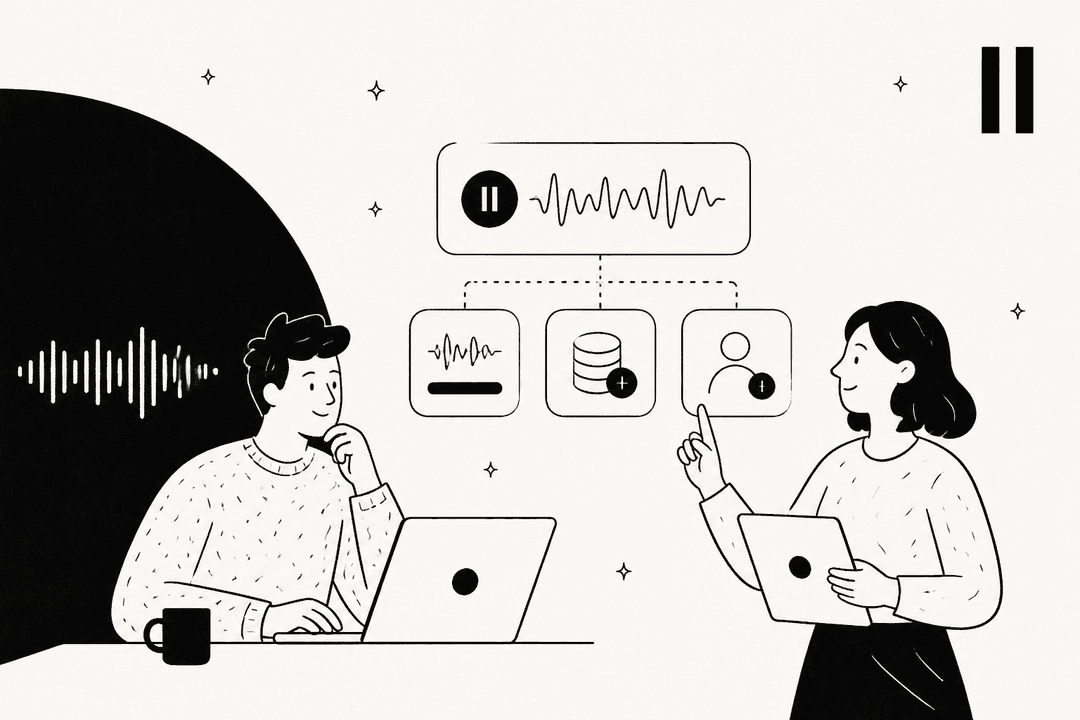 Hand-drawn illustration of two people working with a voice waveform that branches into audio, storage, and voice profile options, representing Eleven v4 pricing
