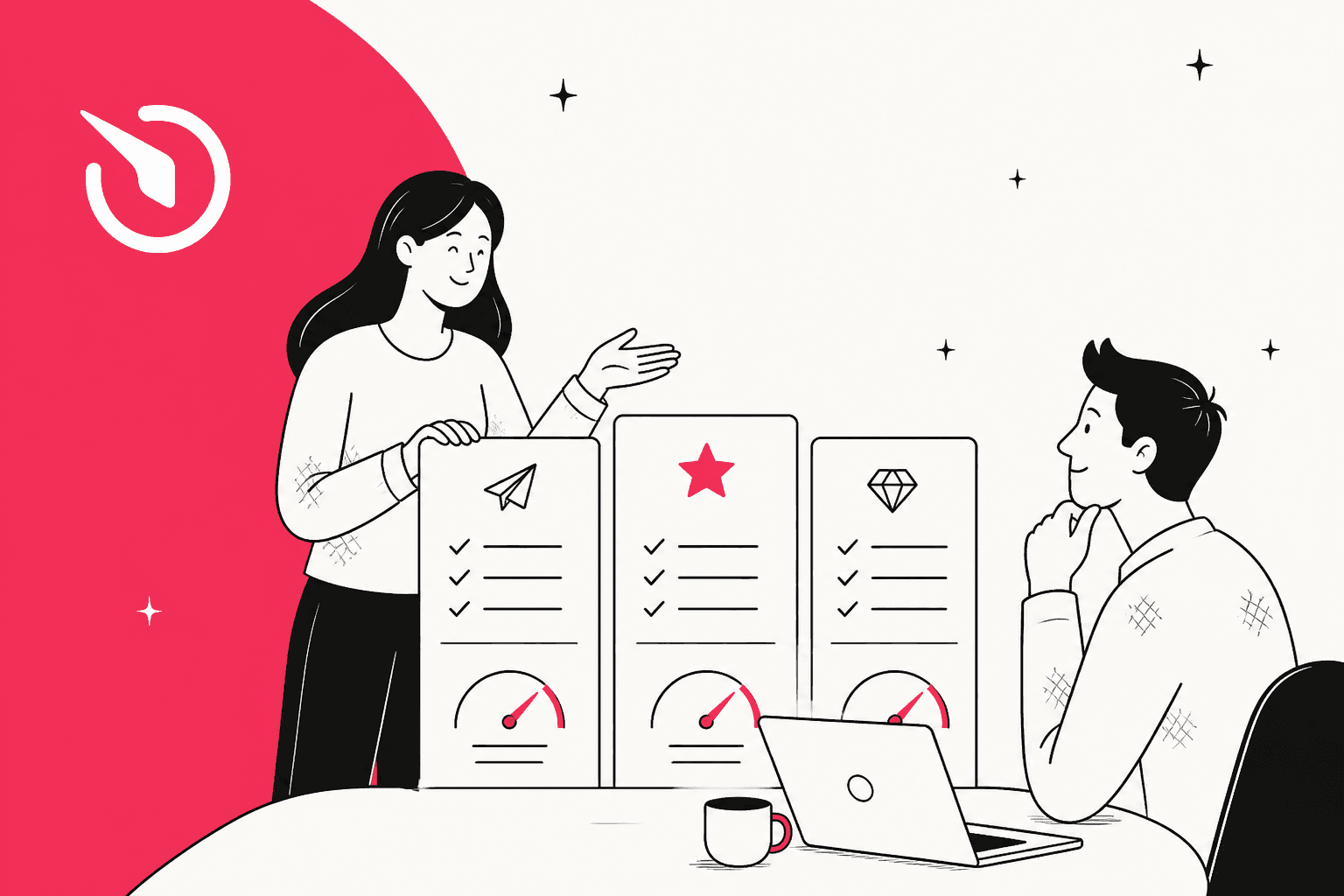 Elfsight AI Chatbot pricing hero banner, two people comparing three plan cards with usage gauges next to the Elfsight logo on a large pink-red shape