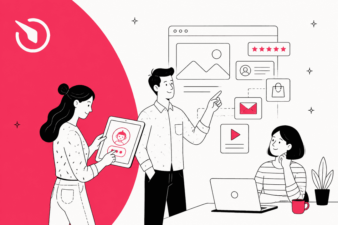 Elfsight AI Chatbot review hero banner, a small team setting up an AI chat widget on a website with review stars, email and video cards, next to the Elfsight logo on a large pink-red shape