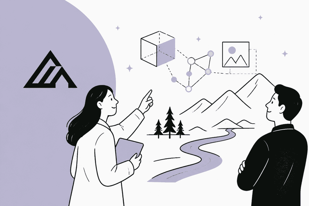 Hand-drawn illustration of two people looking at floating sketches of a cube, a node graph and an image frame above a mountain landscape, beside the Black Forest Labs logo on a lavender shape