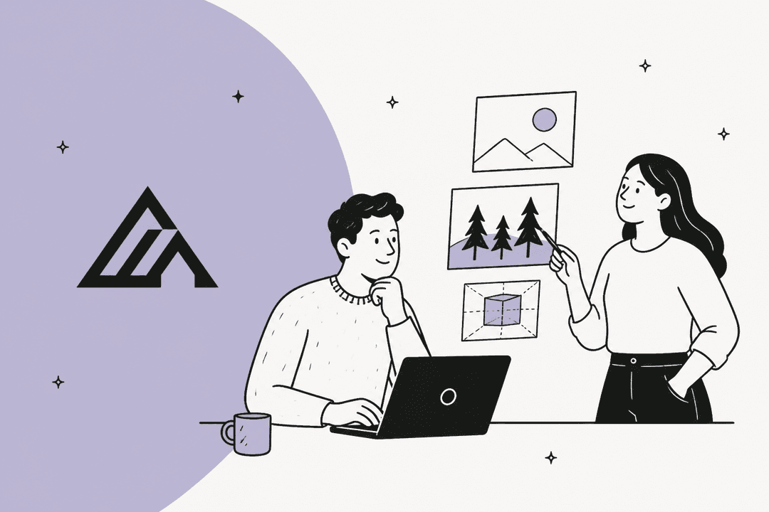 Hand-drawn illustration of two people reviewing framed landscape, forest and cube pictures beside a laptop, next to a black Black Forest Labs logo on a lavender shape