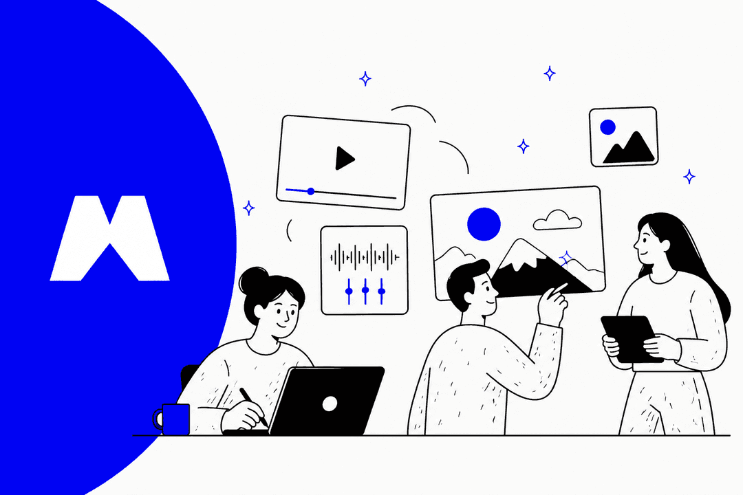 Hand-drawn illustration of three creators working with AI image, video and audio tools, next to the Magnific logo