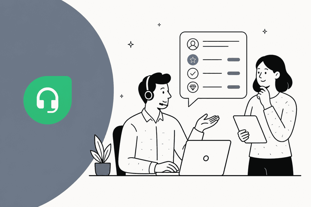 Illustrated banner for Freshdesk Freddy AI pricing, with two support agents reviewing a plan list