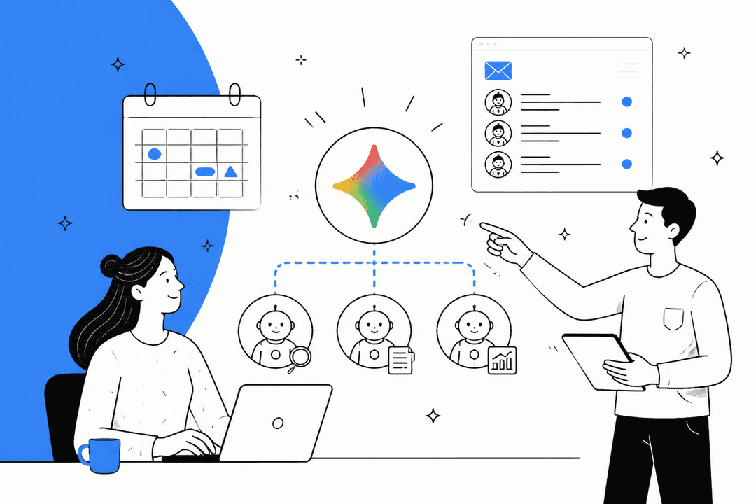 Hand-drawn illustration of a Gemini spark connected to three sub-agents, with a calendar, an email inbox, and two colleagues working alongside it