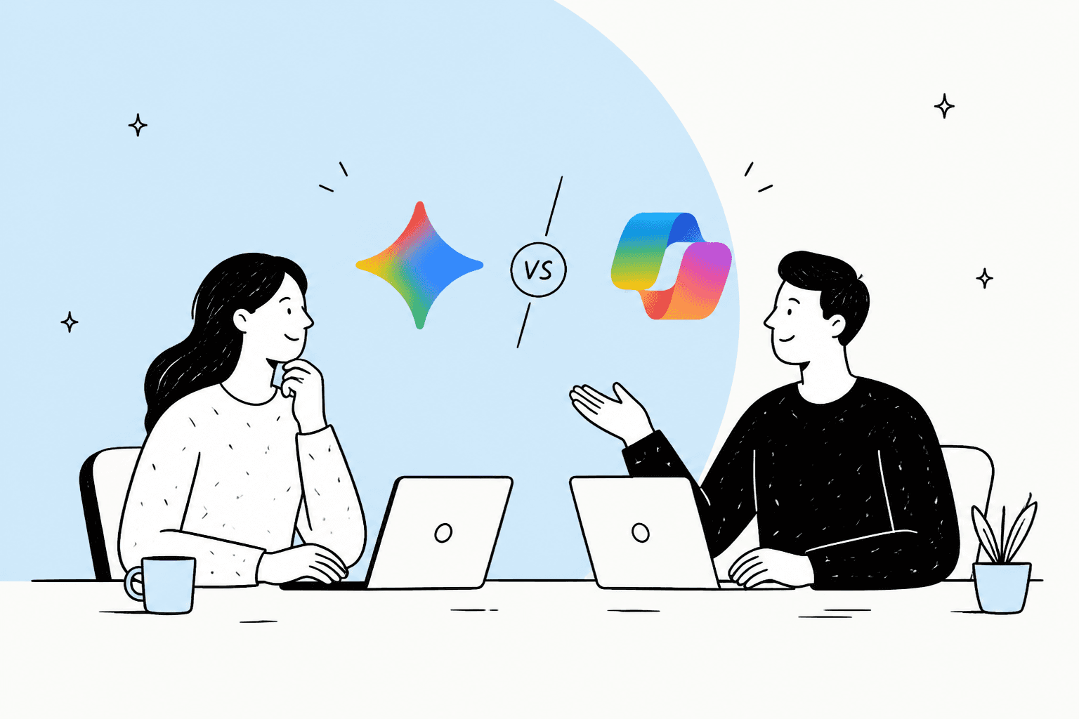 Illustration of two people at laptops comparing the Gemini and Microsoft Copilot logos
